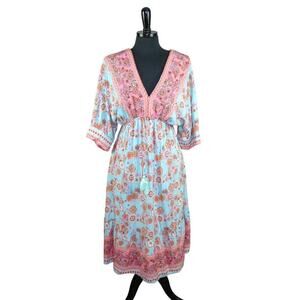 Shein V Neck Midi Peasant Dress Boho Hippie Pink Blue Folk Floral XL